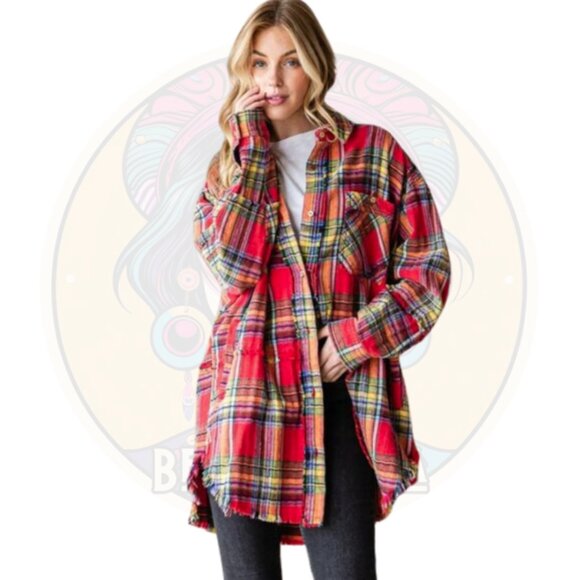 J892 OLI & HALI Red Mineral Washed Mixed Plaid Flannel Button Up Shirt - Picture 2 of 2